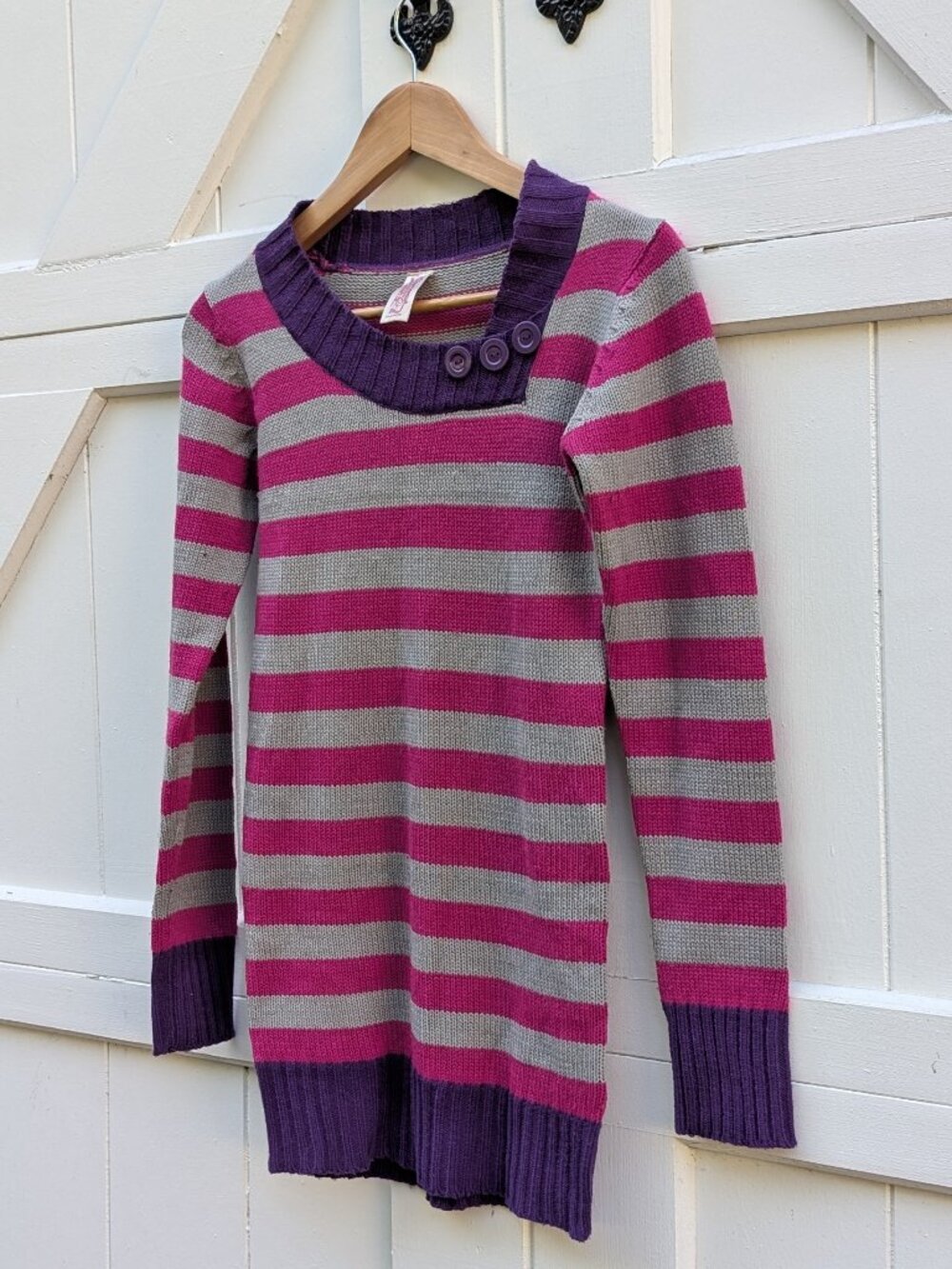 Chillipop Y2K Pink Grey Purple Striped Asymmetrical Button Collar Tunic Sweater